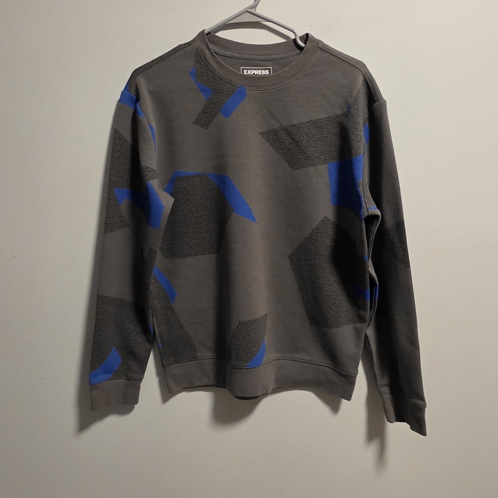 Express Men's Geometric Gray and Blue Crewneck Sweatshirt